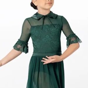 Weissman Forest Green + Flutter Sleeve With Lace Day Dress
